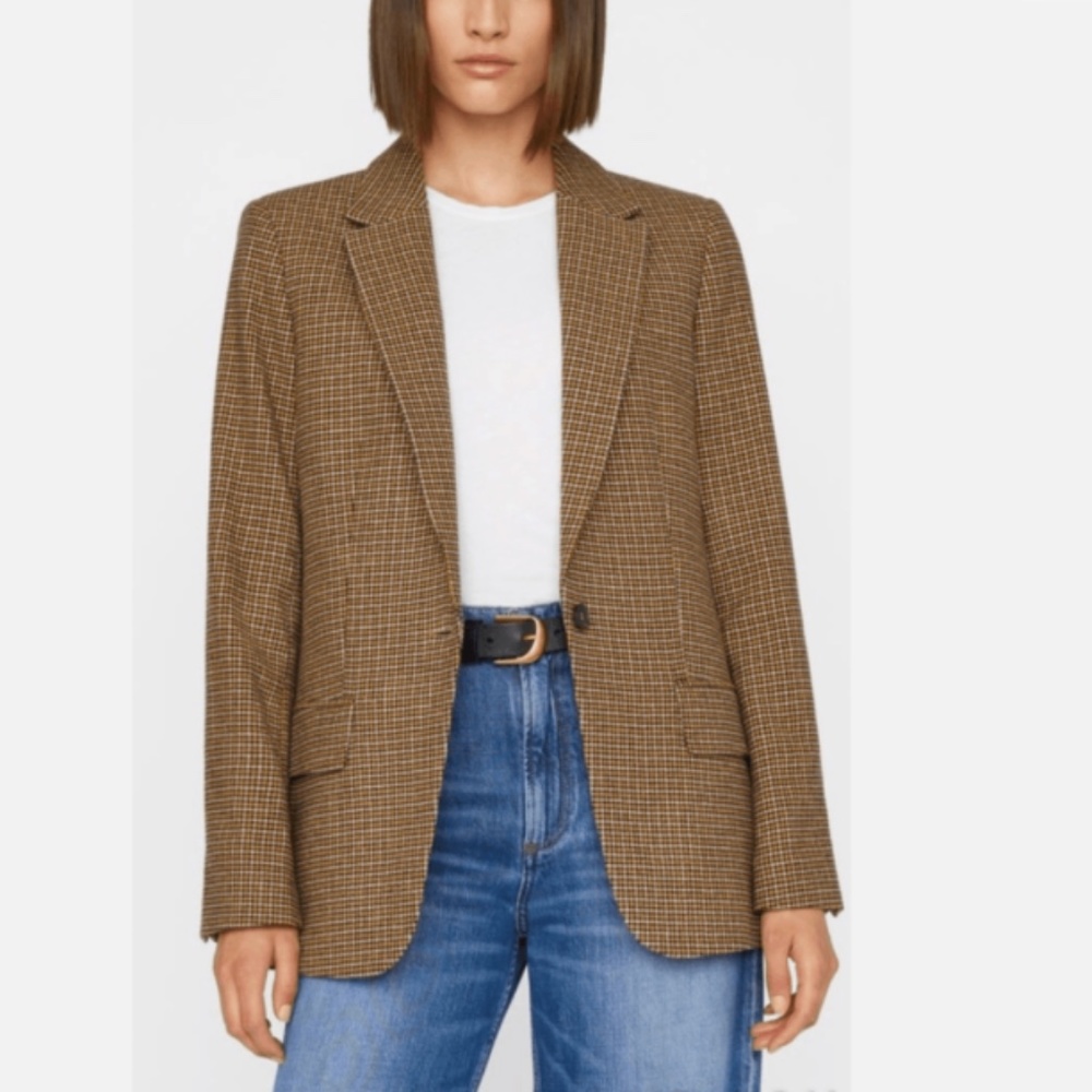 NWT FRAME 70s Ochre Brown Retro Wool Blend Houndstooth Blazer Size 4